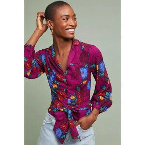 Anthropologie MOULINETTE SOEURS Maisie Purple Floral Wrap Blouse Top, Size 4